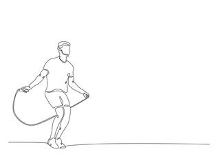 Continuous line art drawing of young man jumping with skipping rope. Cardiovascular exercise by jumping with skipping rope line art drawing vector illustration. Editable stroke.