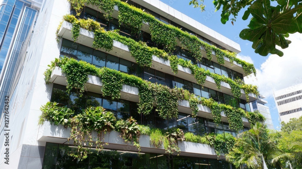 Poster lush greenery adorns modern building facade in urban setting capturing sustainable architecture and 