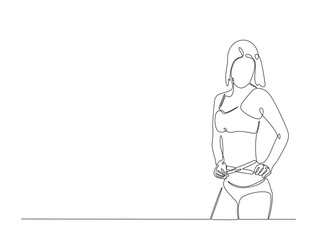 Continuous line art drawing of woman dieting concept. Pretty girl with tape measure around her body in one line drawing illustration. Editable stroke.