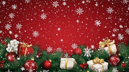 Obraz premium Festive Christmas and New Year banner with deep red background, snowflakes, pine branches, and elegant text. Perfect for holiday greetings and designs