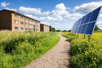 Obraz premium Scenic Pathway Leading to Sustainable Living with Solar Panels and Brick Buildings Under Blue Sky