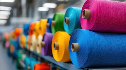 Colorful Spools of Thread in a Textile Factory Displaying a Vibrant Array of Yarn Colors