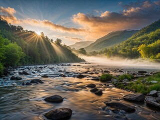 Scenic River at Sunrise with Misty Mountains and Golden Sunrays