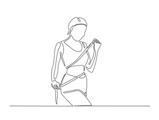 Continuous line art drawing of woman dieting concept. Pretty girl with tape measure around her body in one line drawing illustration. Editable stroke.
