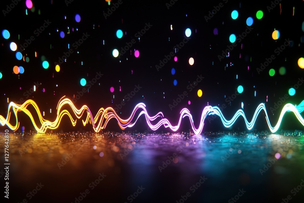 Poster vibrant neon waveforms dancing on a reflective surface under a shower of colorful bokeh lights creat