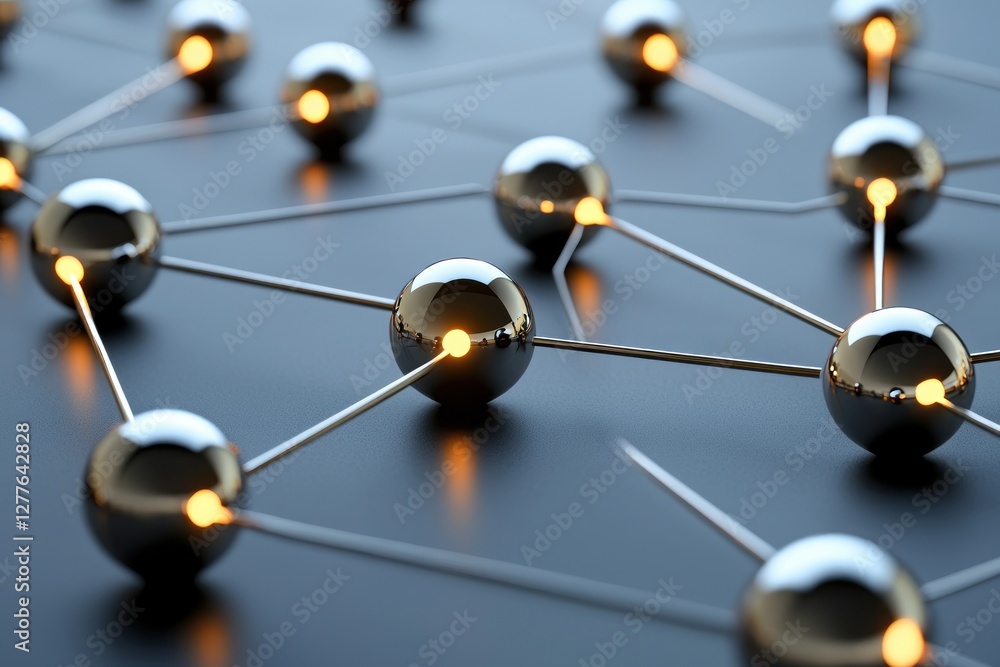 Poster abstract network of metallic spheres connected by rods on a dark background representing connectivit