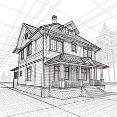 Fototapeta premium Architectural wireframe illustration of a traditional house with a pitched roof, front porch, and symmetrical facade, emphasizing detailed design and building plans.