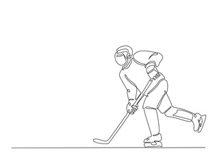 Continuous line art drawing of ice hockey player illustration. Hockey player in one line drawing design. Editable stroke.