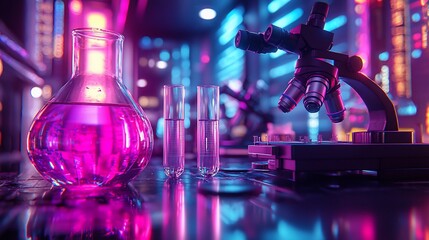 Neon-lit lab; scientist's experiment; futuristic city backdrop; science research