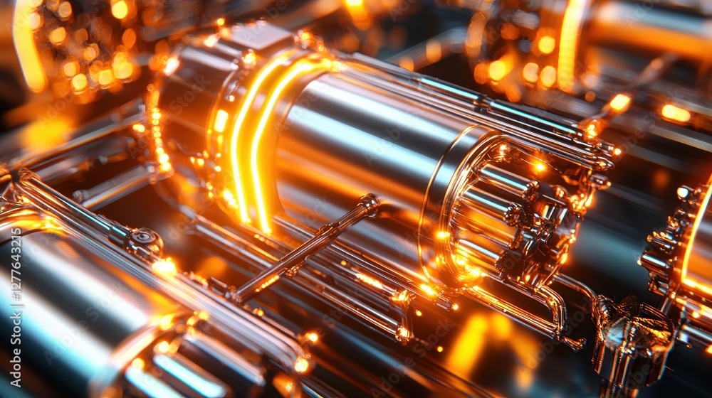Aufkleber gleaming metallic engine components with vibrant orange illumination showcasing intricate mechanical