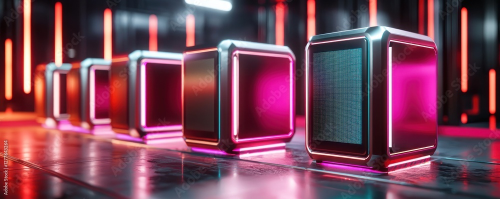 Poster row of futuristic metallic cubes with neon lights on a reflective surface in a dark cyberpunk settin