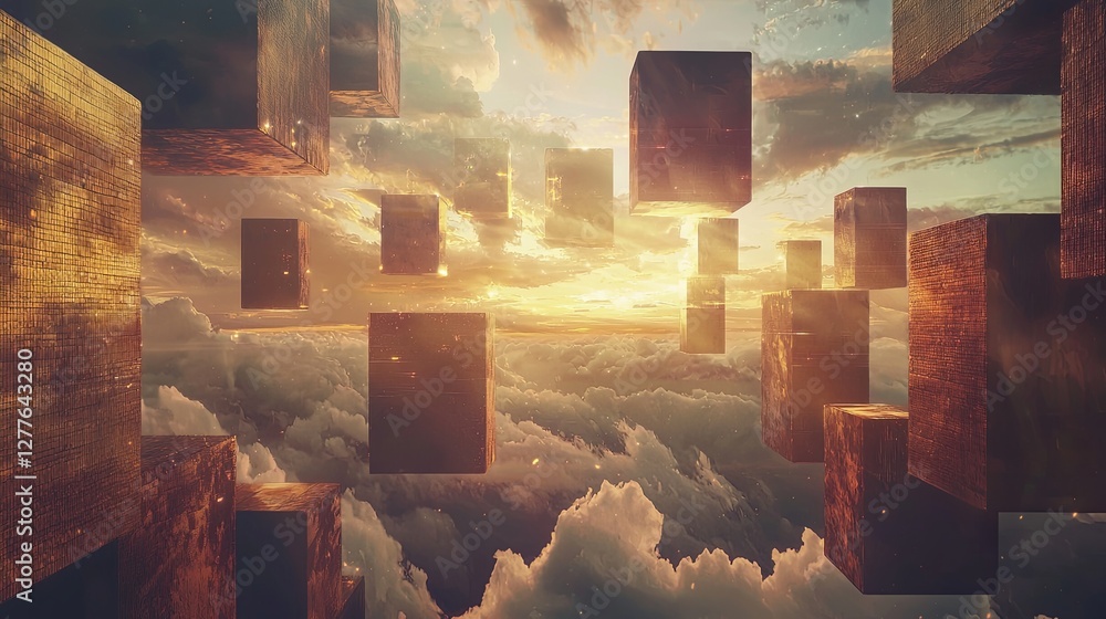 Poster a surreal futuristic world where floating structures cast golden light over a cyber city, with copy 