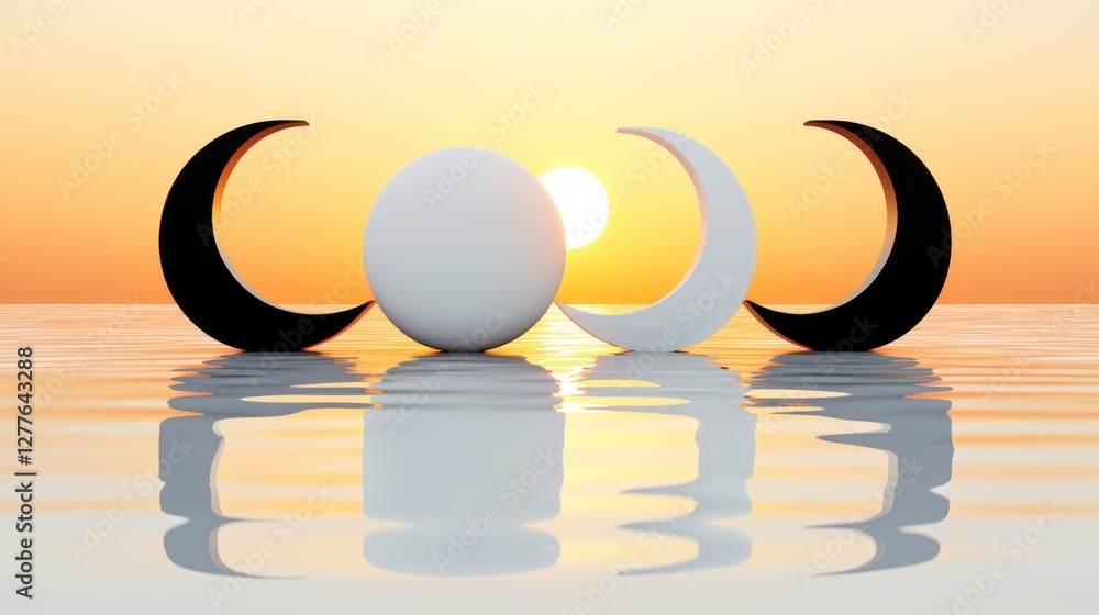 Poster serene sunset reflection with geometric shapes on water surface creating a peaceful and minimalist s