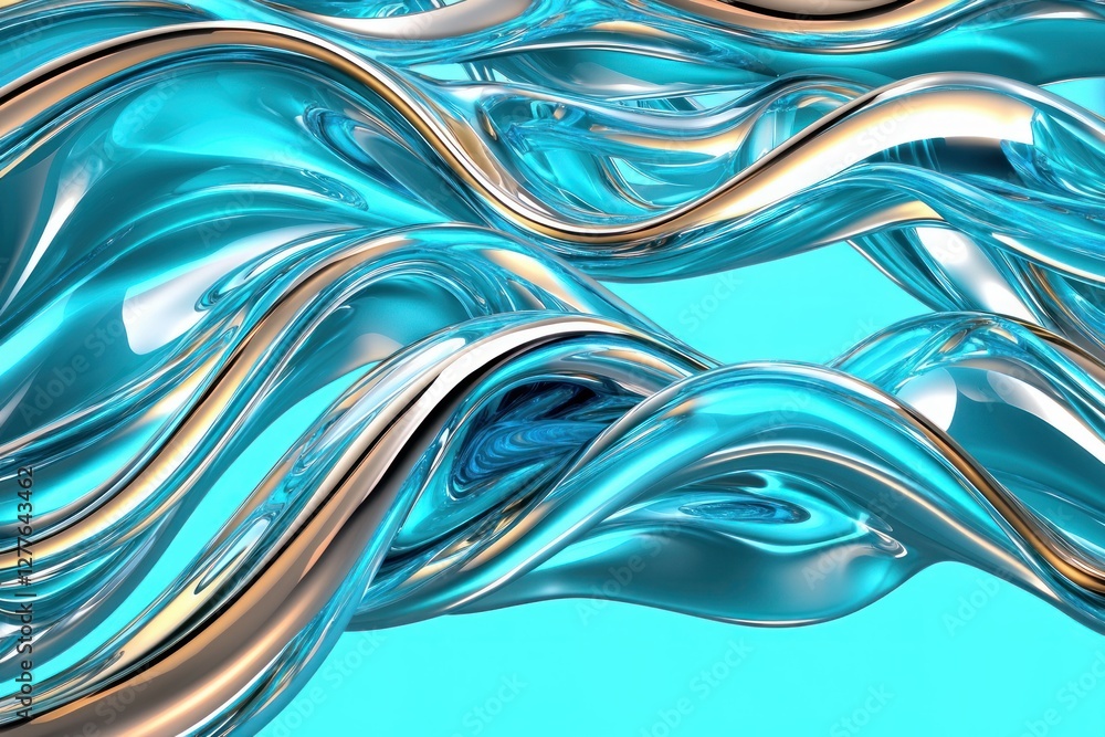 Poster abstract turquoise and silver waves flowing with metallic sheen creating a modern and futuristic des