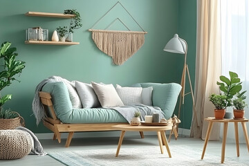 Serene living room interior design with a teal sofa, wooden furniture, and natural decor elements creating a calm and relaxing atmosphere.