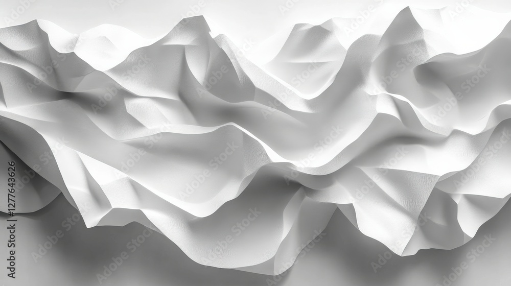 Poster abstract white crumpled paper texture resembling mountain ranges with soft shadows and highlights
