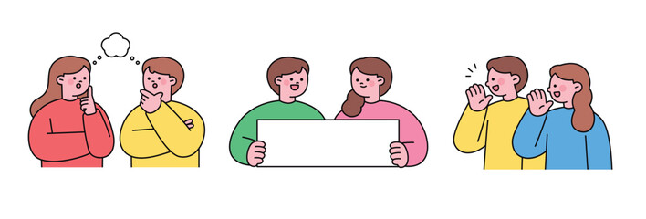 Illustration of people discussing, thinking, presenting, and greeting each other. Represents communication, teamwork, and social interaction.