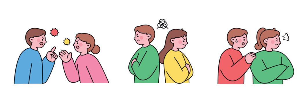 Illustration of couples in conflict, arguing, feeling upset, and reconciling. Depicts relationship issues, emotions, and communication struggles.