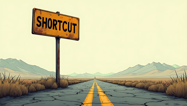 A lone traffic sign on an empty road reading &ldquo;Shortcut,&rdquo; but the path it leads to is an abrupt dead end. A powerful metaphor for misleading advice and false shortcuts in life.