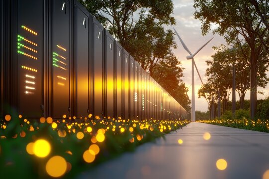 Sustainable data center with wind turbine and server racks in a green environment at sunset