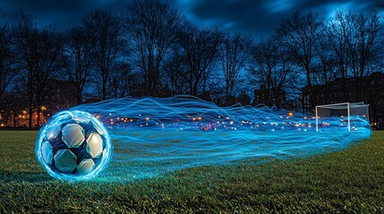Night soccer ball, light trail, park goal. Sports website, promo