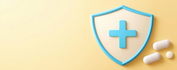 Obraz premium A blue shield with a medical cross beside white pills against a yellow background, symbolizing health and safety.
