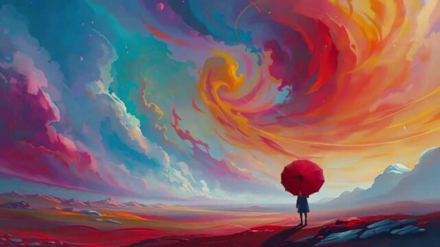 A Surreal Scene Featuring a Solitary Figure with a Red Umbrella Against a Colorful Sky