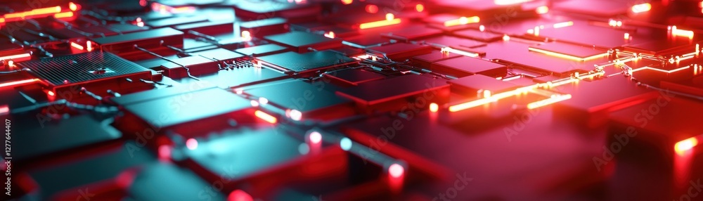 Poster futuristic circuit board design with glowing red and blue lights creating a modern tech landscape an
