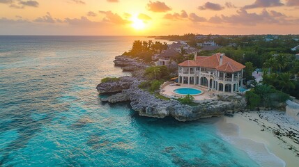Oceanfront villa sunset, Caribbean coast, luxury real estate