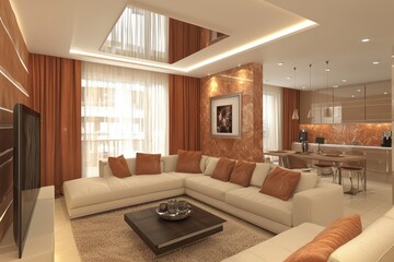 Fototapeta premium Warm toned living room, stylish mocha mousse color for 2025.