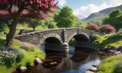 Fototapeta premium A picturesque stone bridge with blooming flowers and trees in the Scottish Highlands, flowers, ayr auld brig