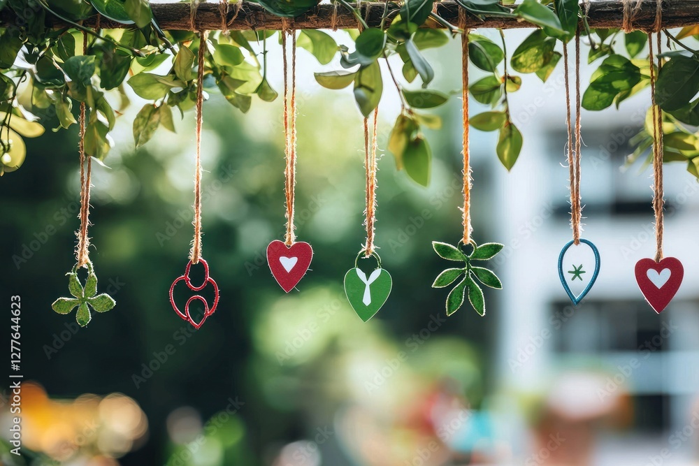 Poster whimsical handmade ornaments hanging from branch in a garden setting creating a peaceful and nature 