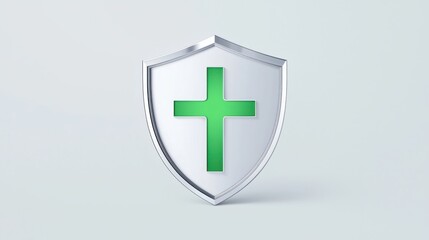 Obraz premium A shiny shield featuring a green cross symbolizing protection and faith against a light background.