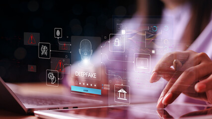 Deepfake concept ,Facial tracking, detection and recognition technology, Security system. Cyber...