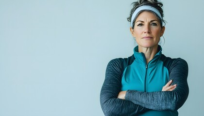 Woman with arms crossed wearing athletic jacket and headband