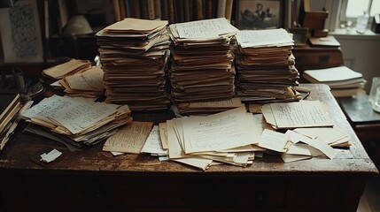 Old manuscripts on a wooden desk, cluttered study, historical research