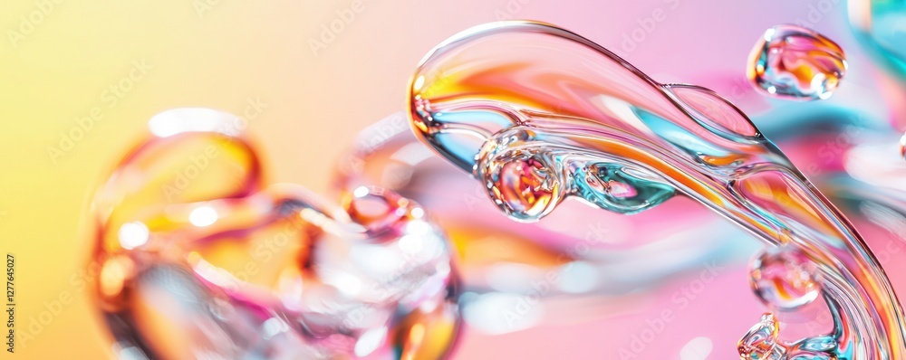 Poster abstract iridescent fluid forms in macro photography with pastel background creating a dreamy and et