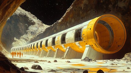 Futuristic astronauts exploring a massive yellow space tunnel inside an asteroid, with rocky terrain