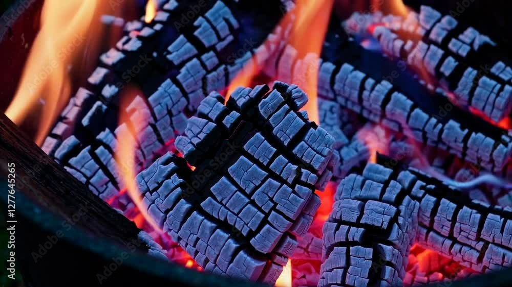 Poster close-up of burning charcoal with orange flames and glowing embers creating a dramatic contrast of c