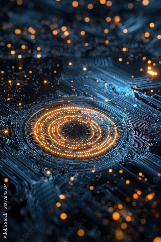 Poster abstract digital circuit with glowing elements