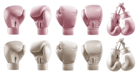 2 Set of pastel light pink beige cream boxing leather gloves, front back side, hanging view on transparent cutout PNG file. Many different angle. Mockup template for artwork design