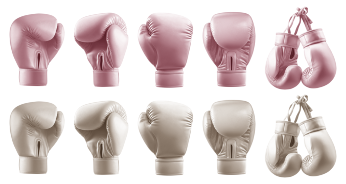 2 Set of pastel light pink beige cream boxing leather gloves, front back side, hanging view on transparent cutout PNG file. Many different angle. Mockup template for artwork design