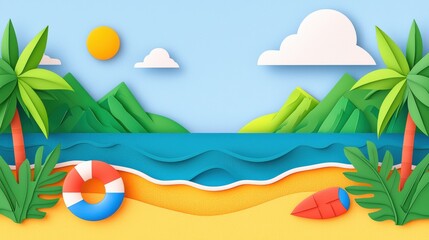 Obraz premium Colorful Paper Cutout Beach Scene with Sun, Mountains, Palm Trees, and Ocean Waves