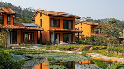 Orange villas, hillside resort, tranquil pond, rural China, travel brochure