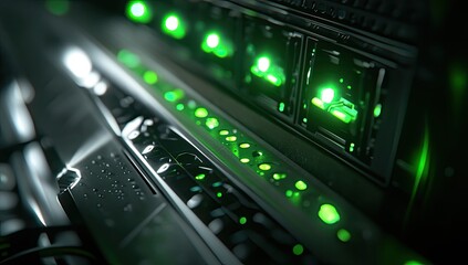 Server rack with glowing green lights in a dark data center