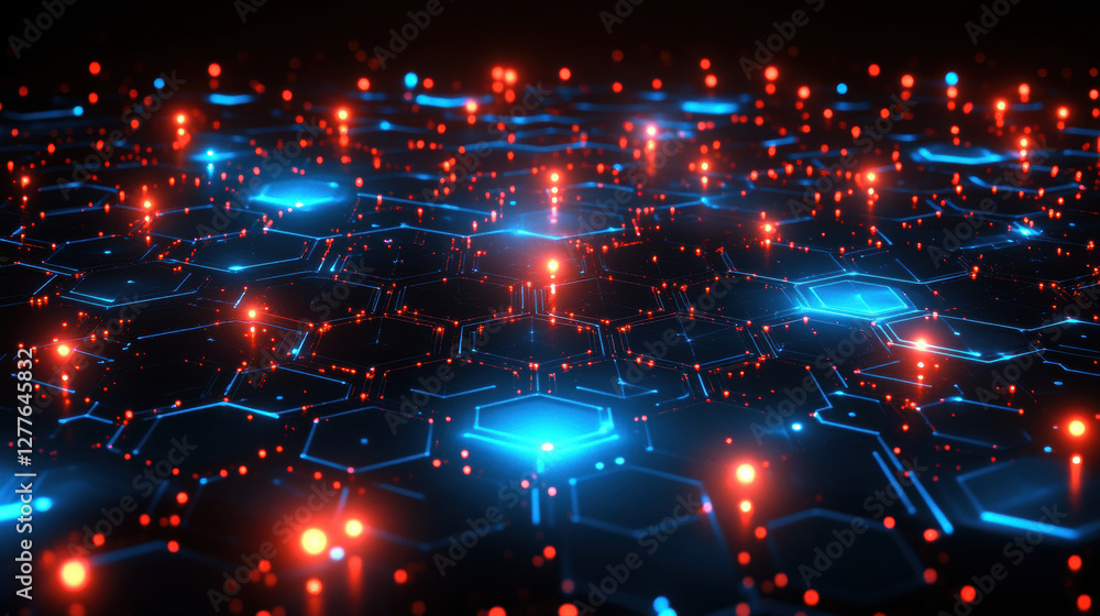 Poster futuristic tech inspired illustration featuring glowing hexagonal patterns in blue and red, creating