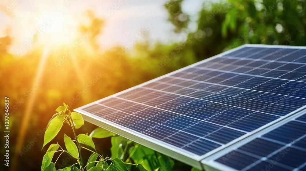Poster solar panel array generating clean energy in a lush green environment with bright sunlight shining t