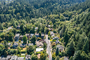 Aerial drone view of Northwest Portland, Oregon, showing Forest Park, Nob Hill, and Willamette Heights with greenery, homes, and industrial areas along the Willamette River