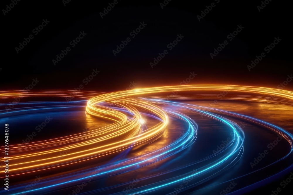 Poster dynamic light trails in a dark space abstract composition with flowing curves and glowing colors for