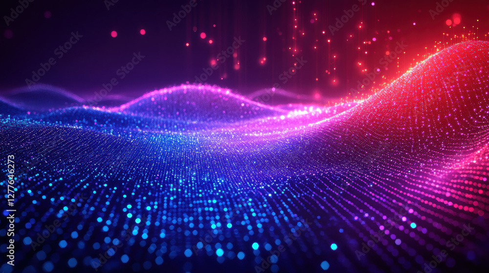 Poster vibrant digital landscape with flowing waves of colorful light, creating mesmerizing visual effect. 